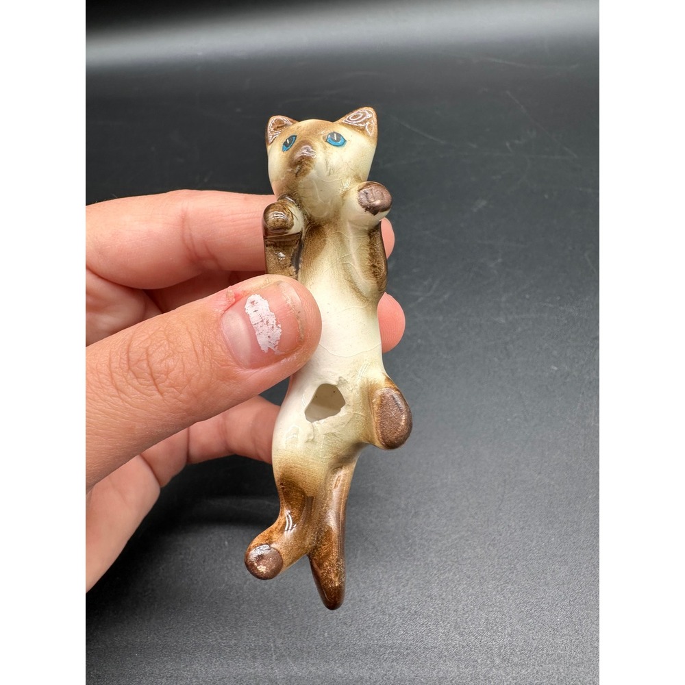 Vintage Siamese Cat Figurine Miniature Blue Eyes Ceramic Pottery Japan MCM